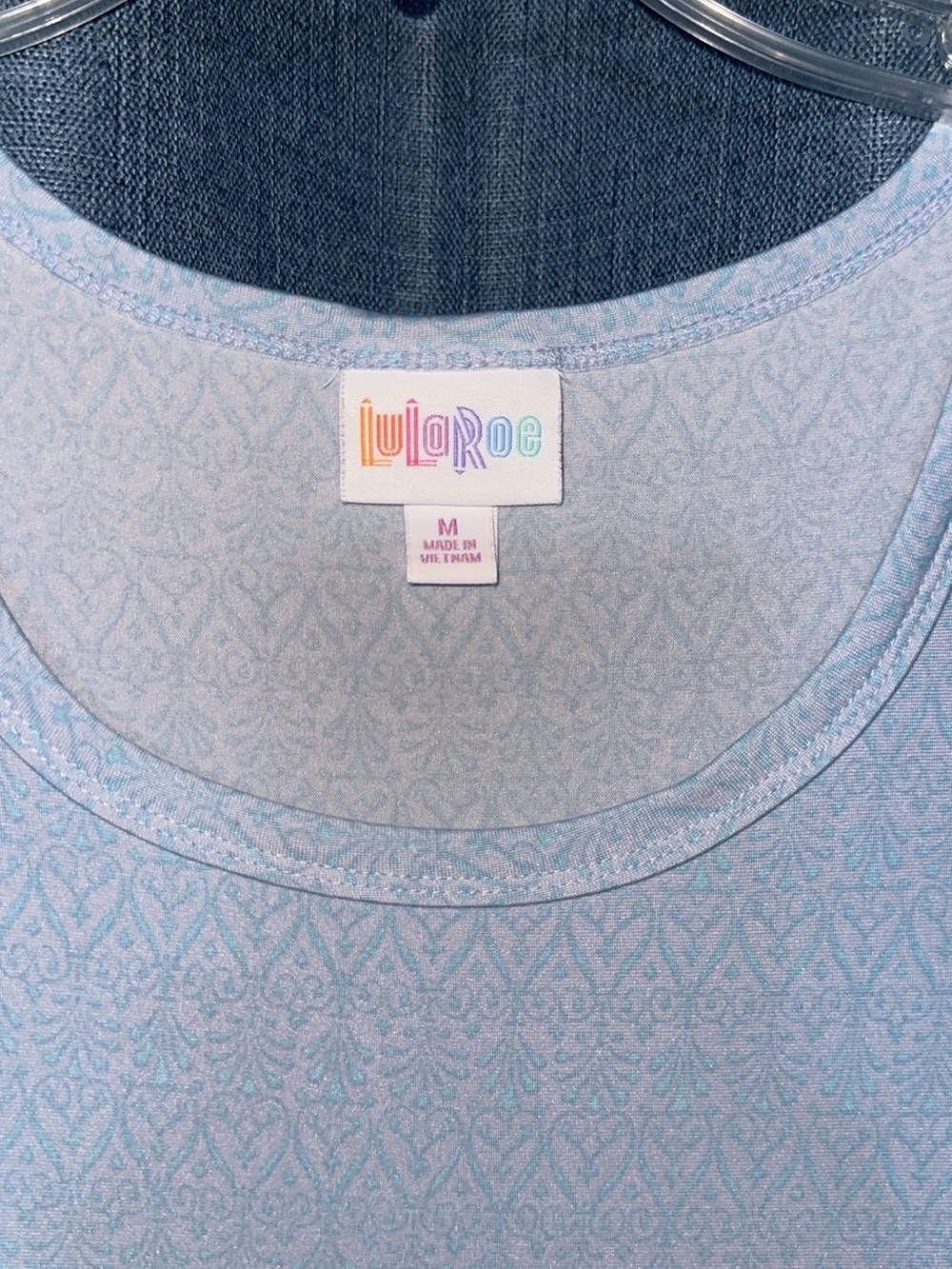 LuLaRoe Light Blue Midi Dress with Navy Teal Border Print - Picture 3 of 3